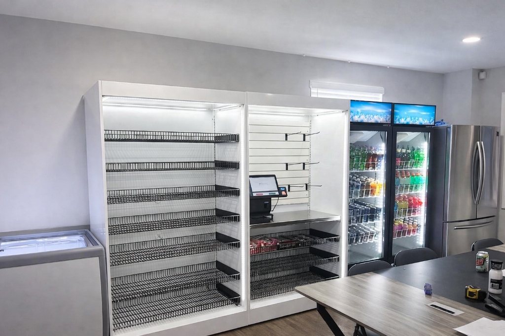 Micro-market shelving, a checkout screen, and refrigerated cases during room setup